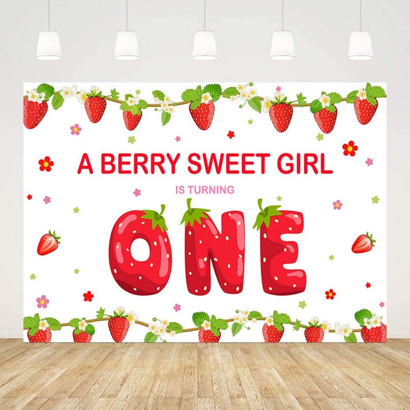 MEHOFOND Strawberry 1st Birthday Backdrop for Girl Sweet Berry Birthday Party Decorations Supplies Banner A Berry Sweet Girl is Turning One Background Cake Table Photo Studio Props 7x5ft - Image 2